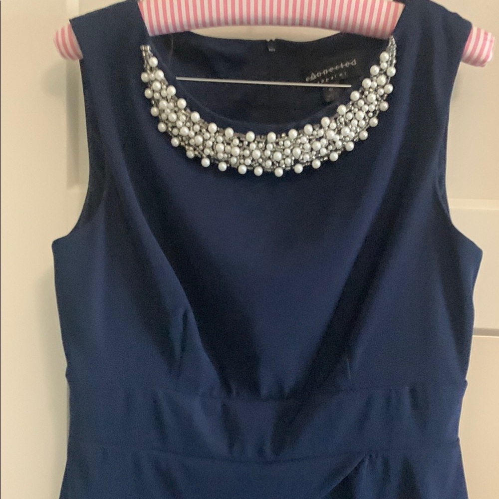 Adrianna Papell Blue Embellished Pleated Sheath Dress